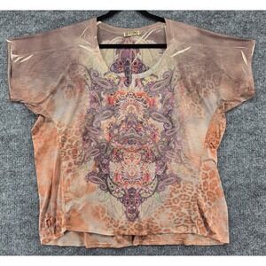 Vtg Y2K Blue Canyon Embellished Top Womens 2X Brown Paisley Leopard Boho Bling